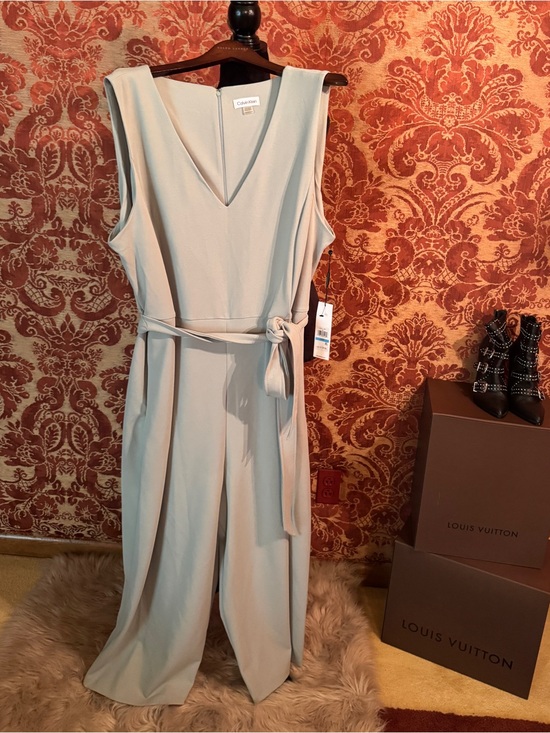 Calvin Klein Pants - Calvin Klein Light Mint Green Sleeveless V-Neck Jumpsuit with Tie Belt